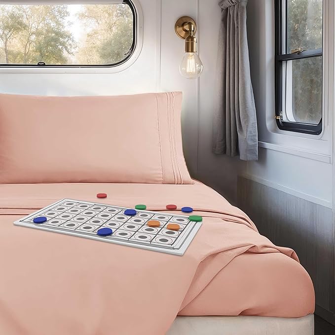 Hearth & Harbor Short Queen Sheets for RV, Blush Pink RV Queen Sheets, Silky Soft 1800 Microfiber Bed Sheet for Camper, 4 Piece RV Bedding with Pillowcases