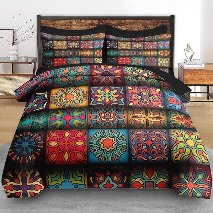 Comforter Set Queen Size, Colorful Vintage Floral 7 Pcs Bedding for Kids and Adults, Mandala Bohemian Bed Sheet Sets with Fitted Sheet 2 Pillowcases & 2 Shams for Bedroom Bed Decor