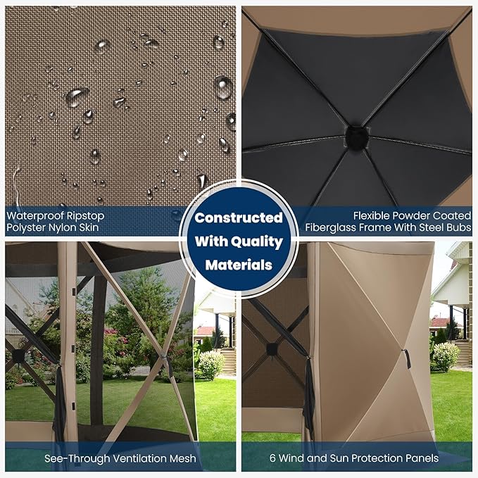 COBIZI 12x12FT Pop Up Gazebo Screen Tent Screen House for Camping, Screen Room with Mosquito Netting, Hub Tent Instant Screened Canopy with Carrying Bag and Ground Stakes, Khaki(Upgraded)