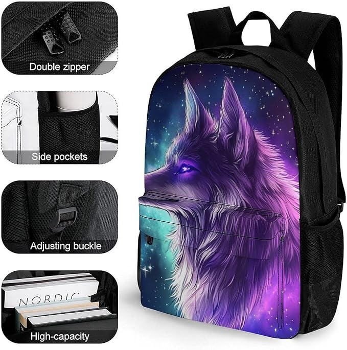 Men Women Lightweight Purple Universe Space Galaxy Magic Wolf Art Daypack Bookbag Big Capacity Carry On Bag With Side Pockets for Camping Travel Bicycle