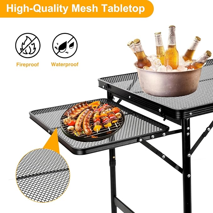 Grill Table Folding Table with 2 Wing Panels 4FT+1.77 FT with Mesh Desktop 3 Height Adjustable Portable Grill for Outdoor Indoor Beach BBQ Picnic Travel RV Black
