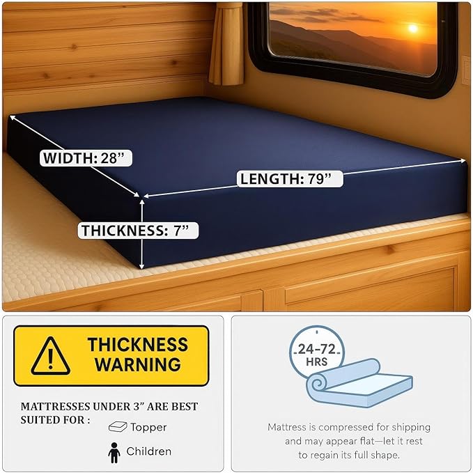 Foamma 7" x 28" x 79", Firm with Water Resistant Cover, Mattress Replacement for RV Bunk, Camper, Truck & Travel Trailer, Back Support, CertiPUR-US Certified, Made in USA