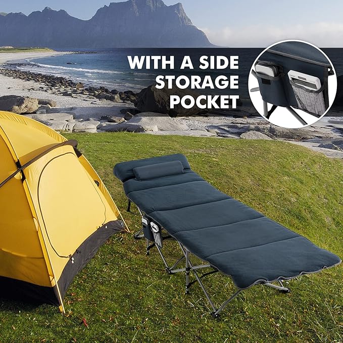 Tangkula Camping Cot for Adults, Folding Sleeping Cot with Removable Mattress, Pillow, Side Pocket, Portable Indoor Outdoor Cot Bed with Carry Bags for Travel, Camp, Office, Home (Blue)