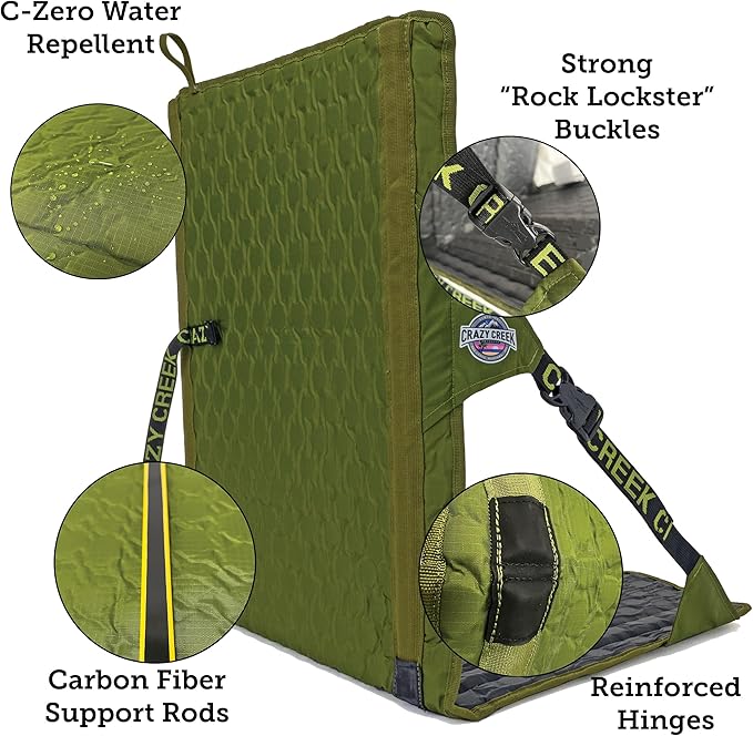 Crazy Creek HEX 2.0 LongBack Chair for Backpacking, Camping and Stadium Use, Extra Width & Back Height for Comfort, 250 LBS Weight Capacity, Adjustable Straps w/Rock Lockster (R) Buckles