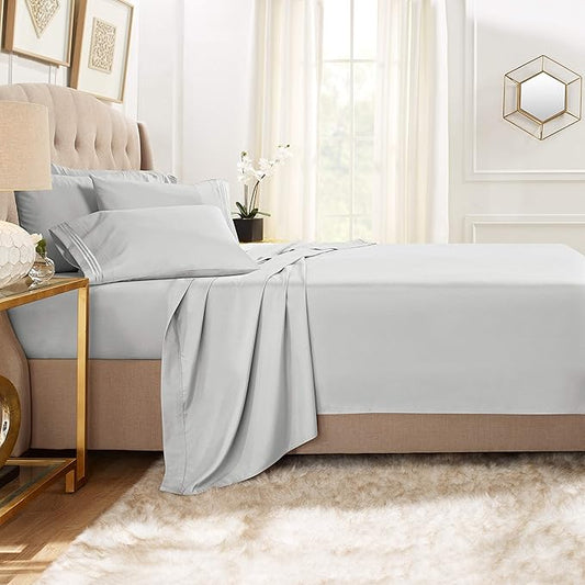 Clara Clark Cal King Sheets, 6 Piece Set - Hotel Luxury Sheets for Cal King Size Bed, Super Soft Bedding Set, Cal King Size, Silver