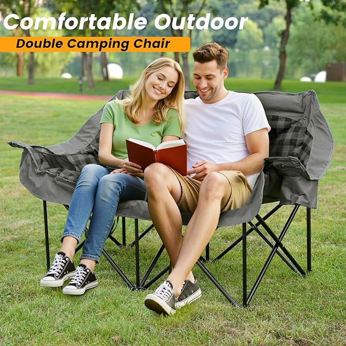 QUYUAN Double Camping Chair for Adult, Heavy Duty Folding Chair for 800lbs, Comfortable Lawn Chairs with Fully Padded, Camp Chairs for Outdoor Sports, Fishing, Concerts, Beach, Gray Camping Loveseat