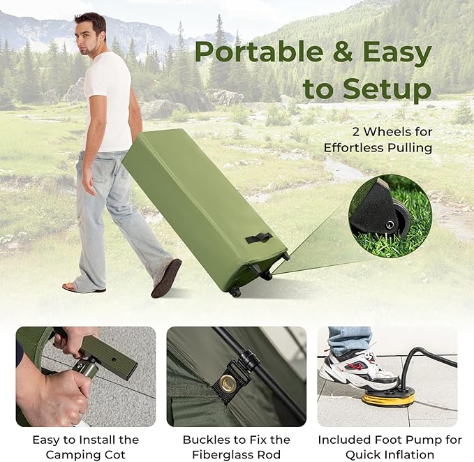 KOTEK 5-in-1 Tent Cot with Air Mattress, Sleeping Bag, Pillow, Canopy, Zippered Mesh Windows & Carry Bag, Elevated Tent for Camping, Hiking, Traveling, Picnic