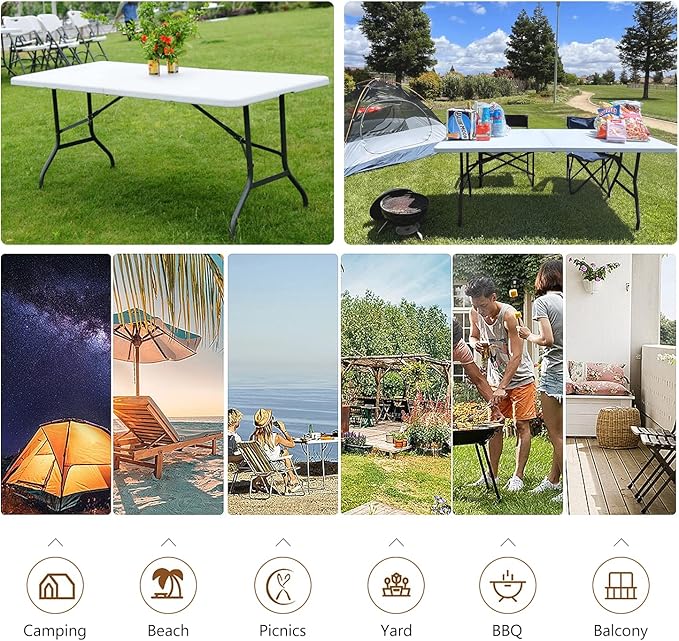 FDW Folding Half Portable Foldable Table for Parties Backyard Events (White, 6 FT 70 * 29) (White, 8 FT)