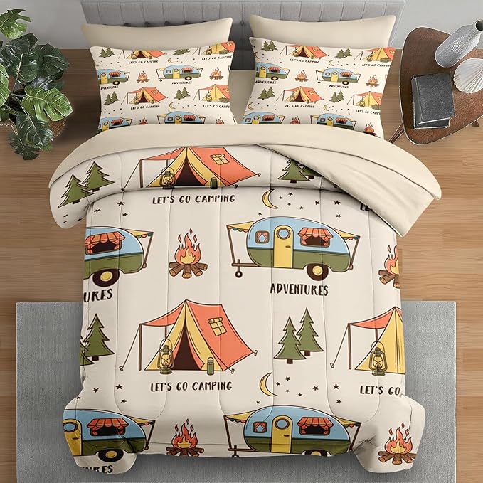 Comforter Set King Size, Summer Camp RV 7 Pcs Bedding for Kids and Adults, Camping Adventure Bed Sheet Sets with Fitted Sheet 2 Pillowcases & 2 Shams for Bedroom Bed Decor