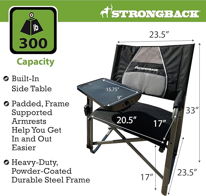 STRONGBACK Outdoor Chair Director Portable Camping Chair with Lumbar Support and Side Table - Heavy-Duty Foldable Chair - Black