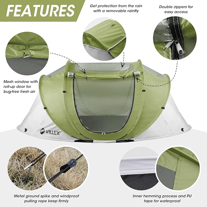 VILLEY 4 Person Easy Pop Up Tent, Waterproof Automatic Setup Instant Lightweight Camping Beach Tent with Carrying Bag for Camping, Hiking & Traveling
