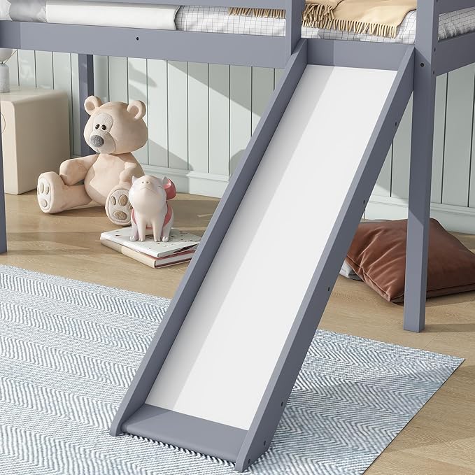 KEIKI Twin Size Low Loft Bed, Slide & Ladder, Guardrails, Rubber Wood, Grey