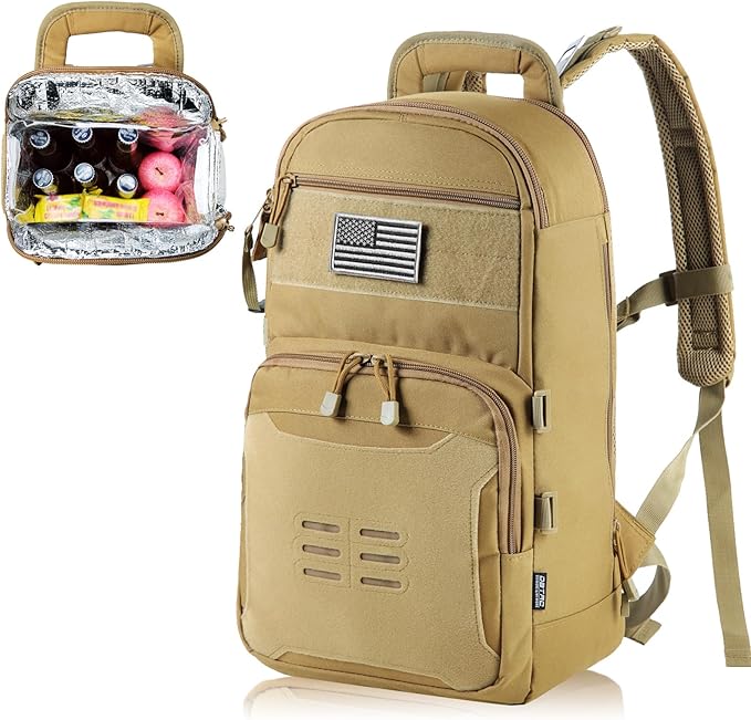 DBTAC Tactical Lunch Backpack, Large Lunch Cooler for Men Women | Backpack Coolers insulated for Work Picnic Travel (Brown, 24-Cans)