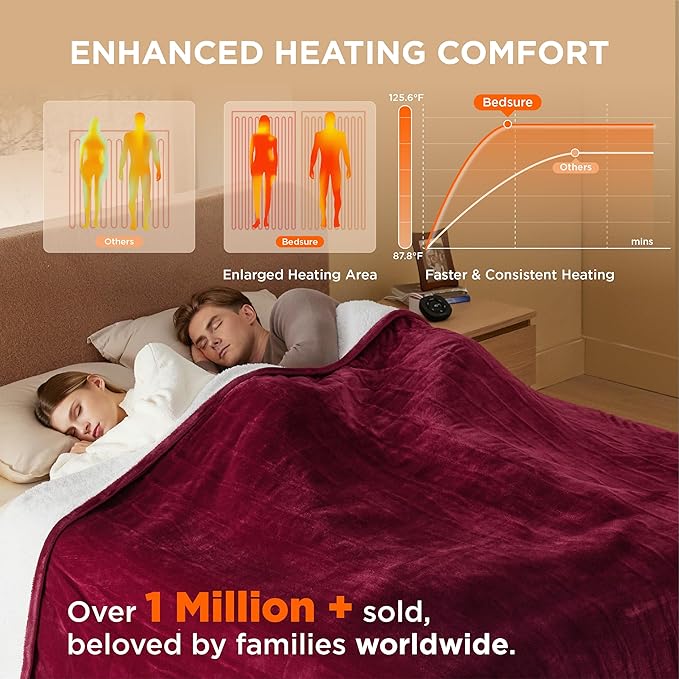 Bedsure Electric Blanket Queen Size - Dual Control Heated Blanket Queen, Fast Heating with 10 Time Settings & 10 Heat Settings, Warm Gift for Grandma (84x90 inches, Burgundy)