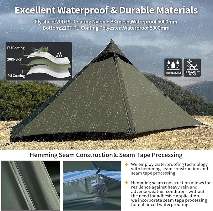 TENPLAY Backpacking Tent,Lightweight Camping Tent 2 Person,Ultralight Hiking Tent,Nylon,Waterproof,Windproof,Easy Setup,4 Season Trekking Tent for Mountaineering Camping Hiking Climbing
