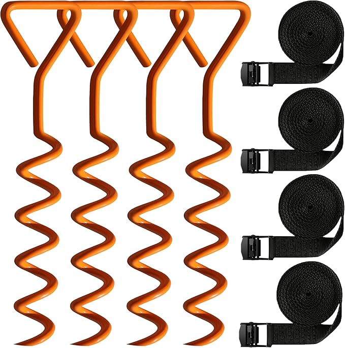 Trampoline Stakes Tent Garden Stake Heavy Duty Trampoline Parts Tent Canopies, Carports,Swing Sets Stake Corkscrew Shape Steel Stakes Anchor Kit,Bonus 4 Strong Belt,Orange