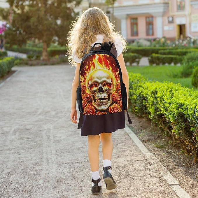 Lightweight Rucksacks for Camping Picnic Walking Cycling, Large Capacity Multipurpose Anti-Theft Carry On Bag, Skull Rose Fire Travel Hiking Camping Rucksack