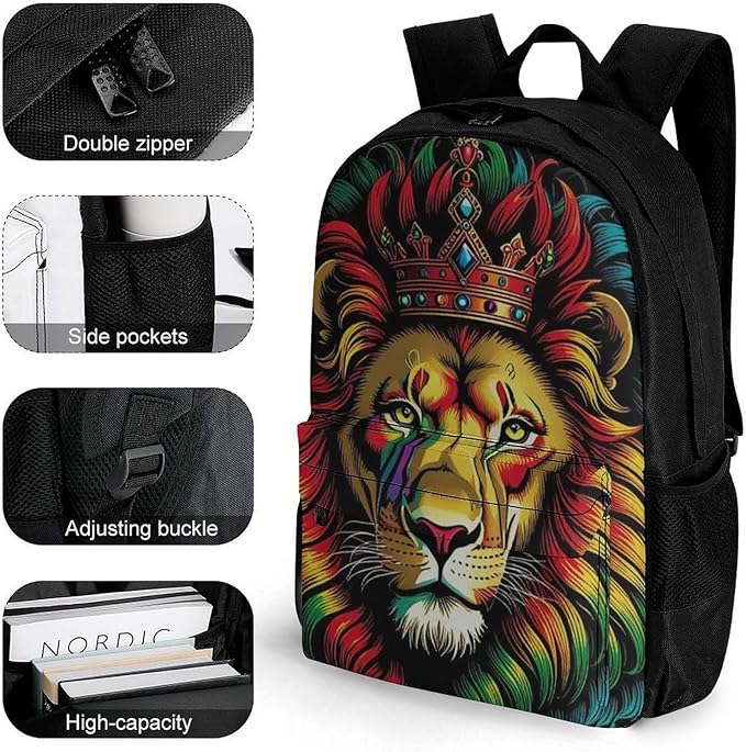 Polyester Daypack for Camping Travel Walking Cycling, Big Capacity Anti-Theft Multipurpose Bookbag, Lion Rasta Camping Outdoor Backpack