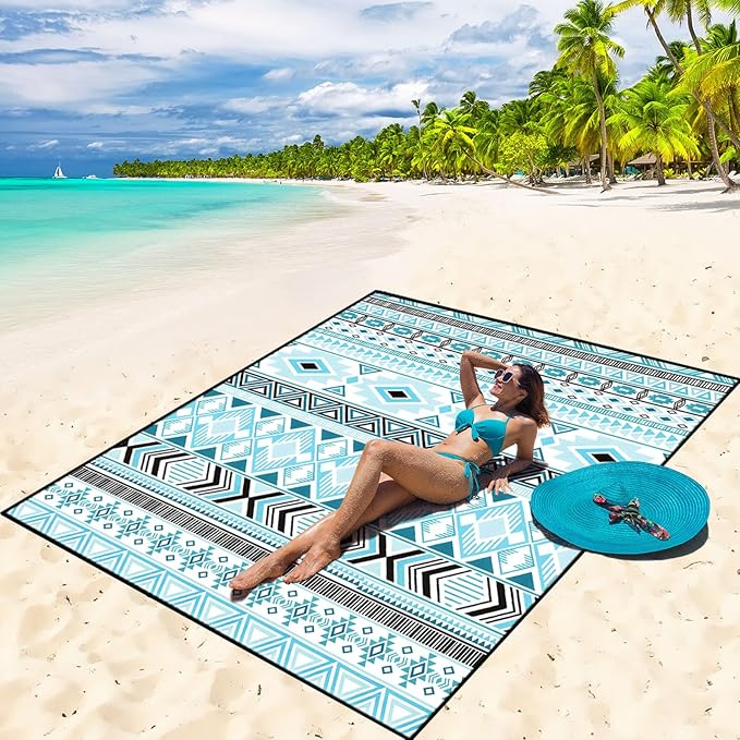 Beach Blanket Waterproof Sandproof Beach Mat 79" X 83"/10'x9'for 2-8 Adults Quick Drying Outdoor Picnic Mat Beach Accessories for Travel, Camping, Hiking