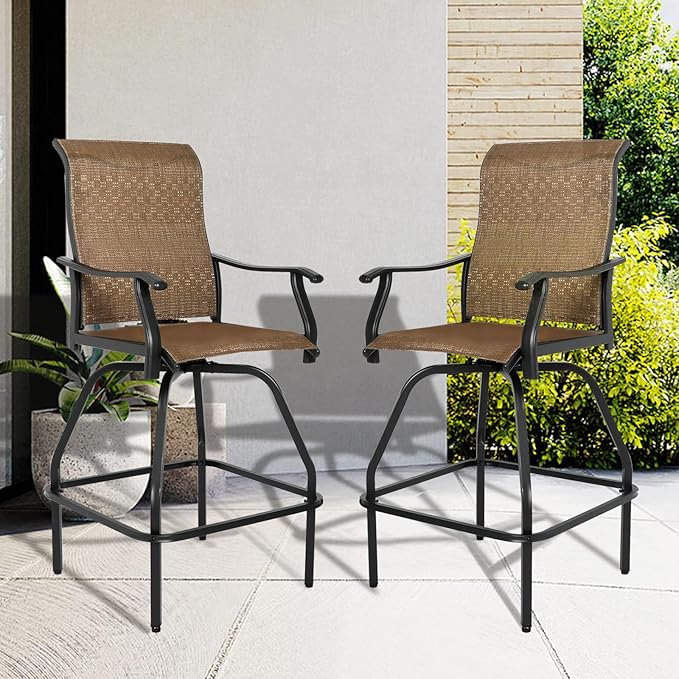 LEVELEVE Patio Bar Set 2pcs Swivel Bar Stools Outdoor Bistro Textilene Furniture Stability All-Weather Set (Dark Brown Fabric)
