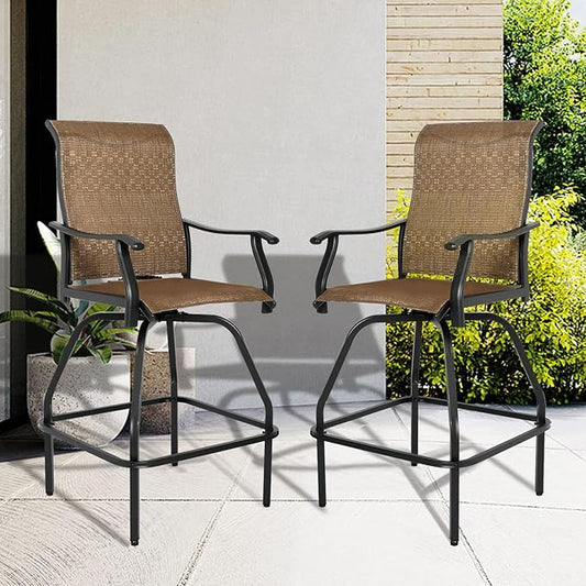 LEVELEVE Patio Bar Set 2pcs Swivel Bar Stools Outdoor Bistro Textilene Furniture Stability All-Weather Set (Dark Brown Fabric)