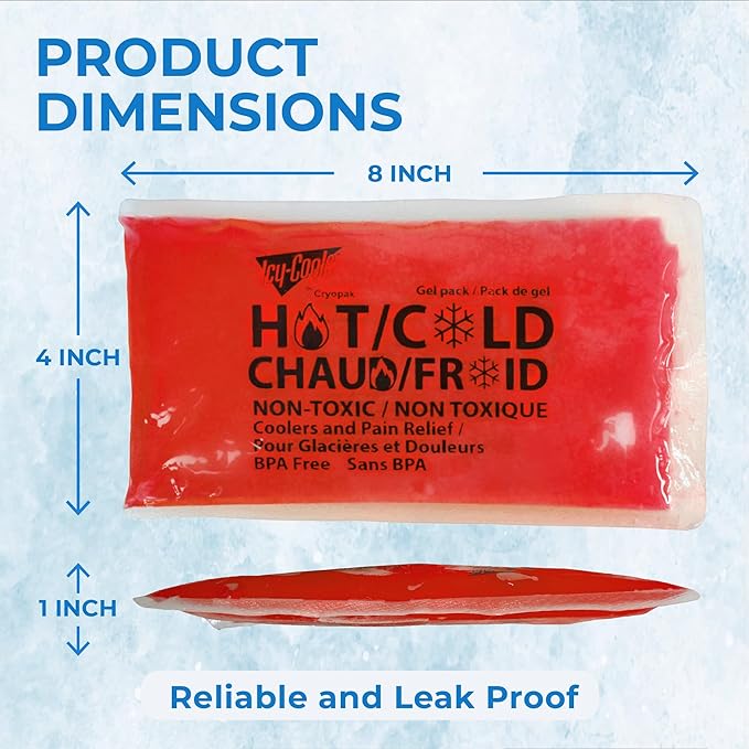 ICY-COOLS 3 Pack Reusable Hot or Cold Gel Ice Packs for Injuries, Multipurpose Ice Packs for Lunch Boxes, Long-Lasting Cold Therapy for Pain Relief, 4 x 8 Inches (Red)