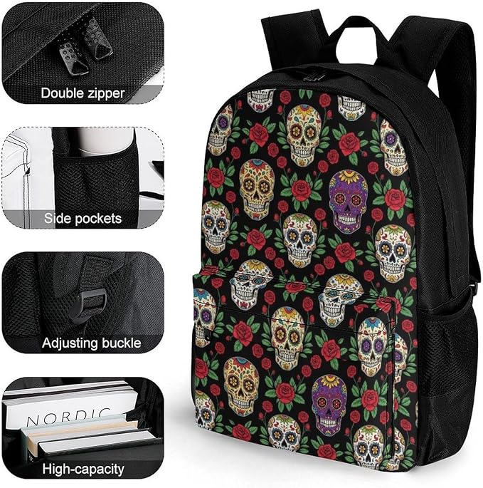 Supdreamc Men Women Polyester Mexican Day Dead Rose Sugar Skulls Backpack Large Capacity Bookbag With Smooth Zippers for Climbing Picnic Bicycle