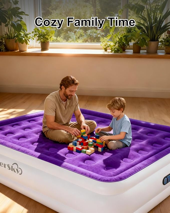 Queen Air Mattress with Built in Pump, Inflatable Mattress for Home, Blow up Air Bed 3 Min Quick Inflation and Deflation, Thin Velvet Top, 18'' Queen Size Purple