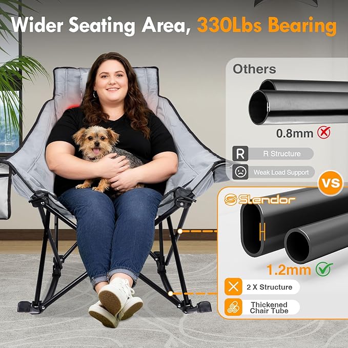 Slendor Heated Rocking Camping Chair with Padded & Pillow, 2000mAh Power Bank, 3 Adjustable Heat Settings, Oversized Camping Chair for Easy Setup and Foldable Storage, Gray