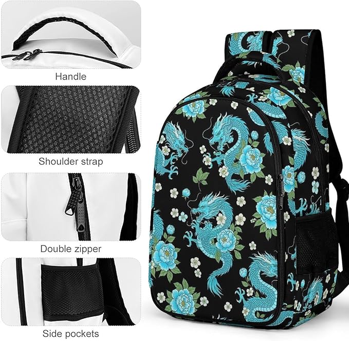 Nurse Teacher Travel Backpack Light Blue Flowers Cool Dragons Floral Purse, Cute Laptop Backpack with Tumbler Holder for Women College Work Casual Daypack