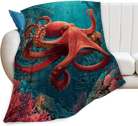 Ocean Octopus Blanket Coral Marine Life Animal Throw Blankets Gifts for Girls Boys Kids Octopus Lover Soft Cozy Fleece Plush for Couch Sofa Bed 60"x50"