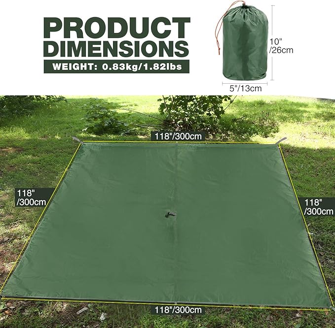REDCAMP Hammock Rain Fly Camping Tarp Waterproof, 10x10ft Lightweight Backpacking Rain Tarp Shelter for Hiking Outdoor, Green