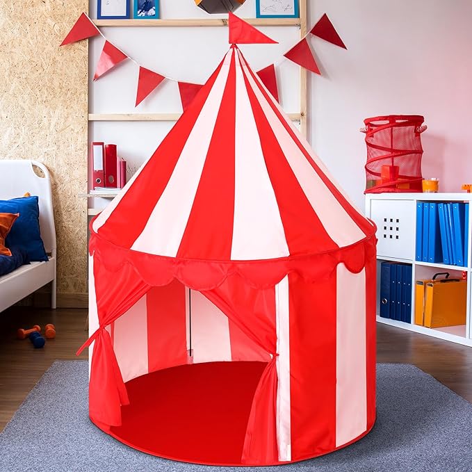 Circus Tent Red Floor Play Circus Tent Large Playhouse Castle for Play and Games Indoor and Outdoor Camping Activity(Red, White)