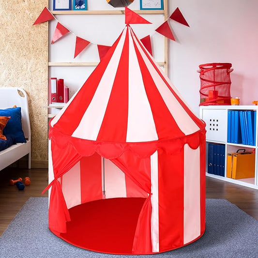 Circus Tent Red Floor Play Circus Tent Large Playhouse Castle for Play and Games Indoor and Outdoor Camping Activity(Red, White)