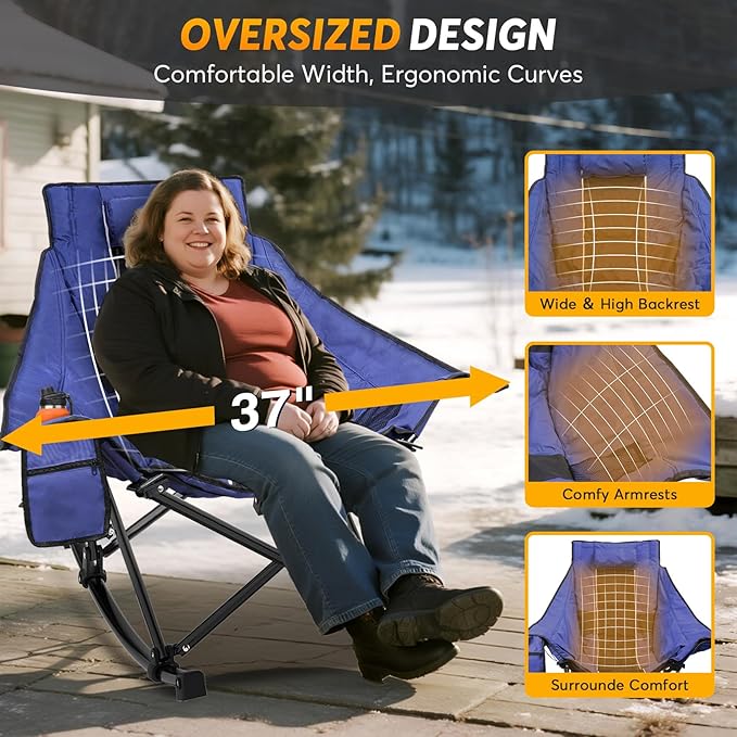 Suteck Heated Rocking Camping Chair - Fully Thicker Padded Heated Chairs for Outdoor Sports W/3 Heat Levels for Back & Seat, Heated Folding Chair for Adults with Carry Bag- Battery NOT Included