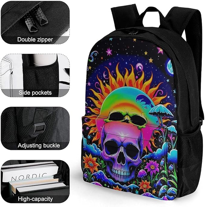 Men Women Polyester Psychedelic Skull Sun And Moon Neon Art Daypack Bookbag Big Capacity Shoulder Bag With Padded Straps for Climbing Travel Walking Cycling