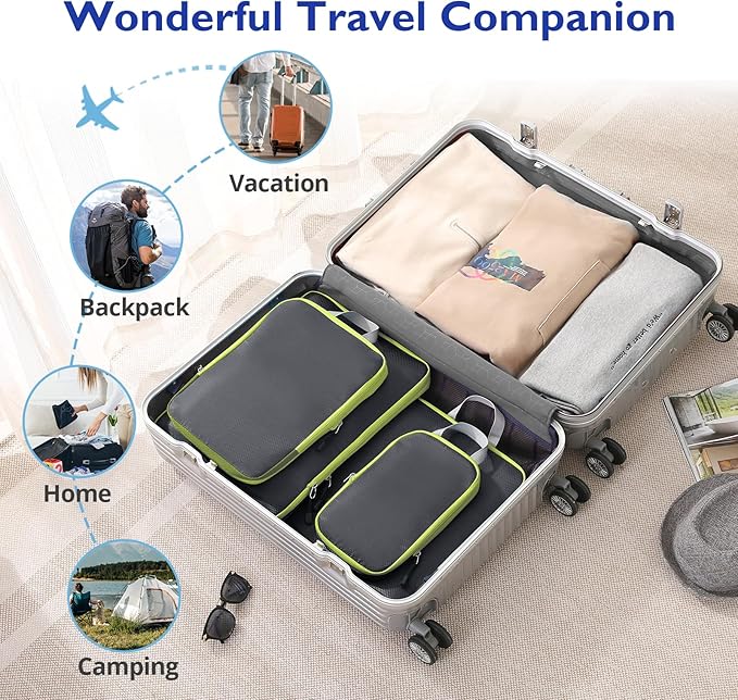 Compression Packing Cubes, 10 Set Packing Cubes for Travel Compression, Lightweight Compressible Package Organizer for Carry On and Suitcases, Grey and Green