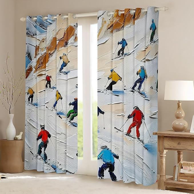 Manfei Skiing Blackout Curtains,Ski Winter Extreme Sports Game Boys Girls Room Decor,Mountain Snowboarding Outdoor Window Curtains,Blue Red 2 Panels,38Wx45L inch