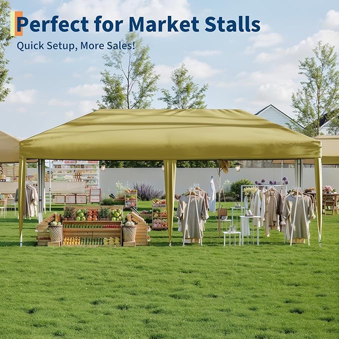 10x20 Pop Up Canopy Tent Outdoor Canopy with No Removable Sidewall One-Person Set Up Heavy Duty Commercial Instant Tent Shelter-Khaki