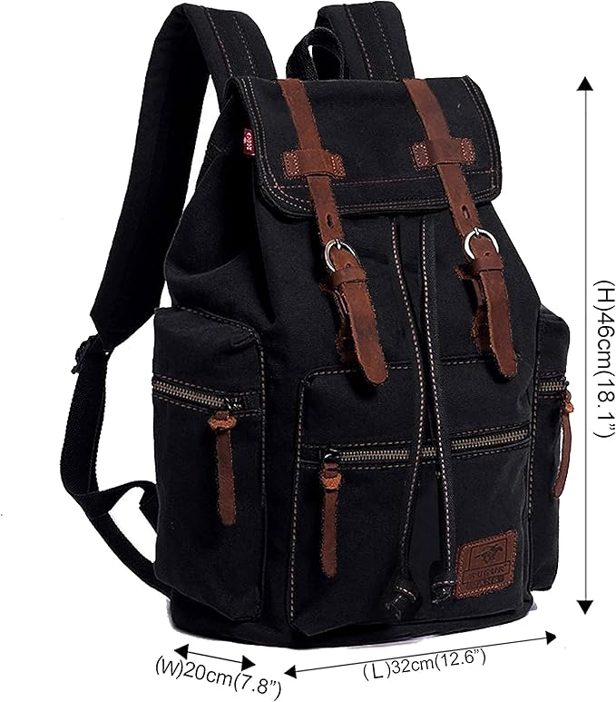 HuaChen Vintage Canvas Travel Backpack with Leather Trim, Laptop Padded Sleeve, Hidden Back Security Pocket, Fits 15-Inch, M32 Black Large