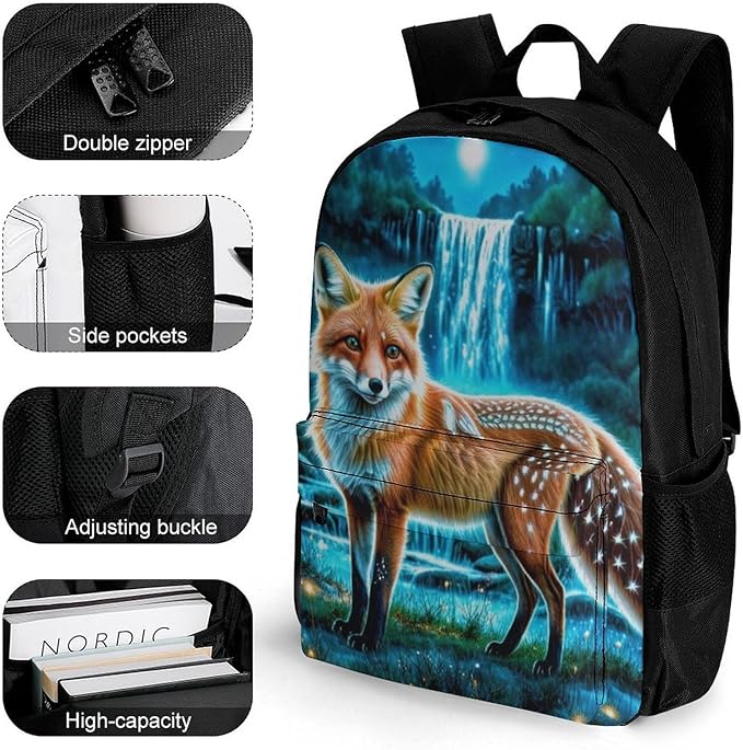 Women Men Polyester Magical Kitsune Fox Art Casual Daypack Large Capacity Bookbag With Side Pockets for Sports Picnic Walking Cycling