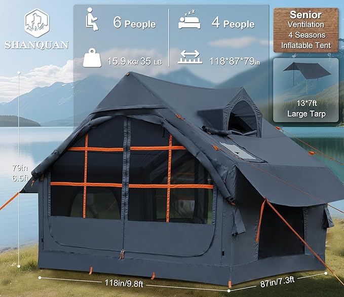 Inflatable Tents for Camping with Stove Jack, 2/4/6/8 Person Easy Setup Blow Up Tents for 4 Seasons Waterproof Inflatable Camping Tent with Awning, Air House Glamping Tents for Camping Adult