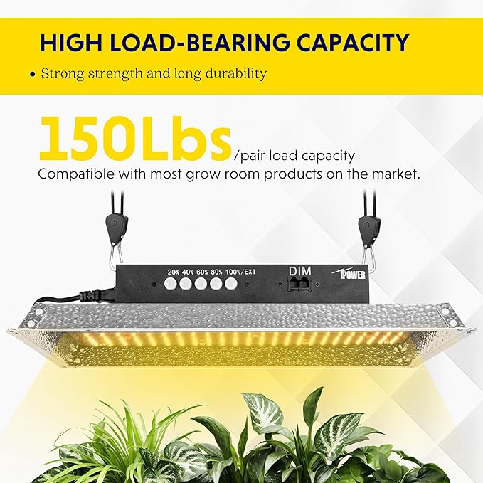 iPower 2-Pair 1/8 Inch Adjustable Rope Hanger, Heavy Duty Grow Light Hangers with Reinforced Metal Gears, 8Ft Long & 150lbs Weight Capacity for Growing Lamp, Inline Fan, Filters