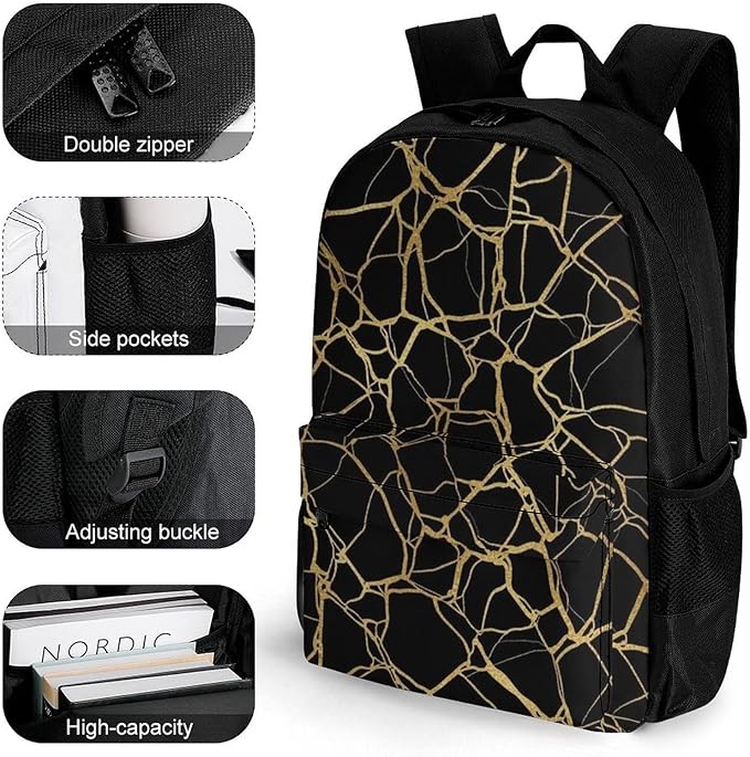 Supdreamc Lightweight Rucksack for Sports Travel Running, Big Capacity Multipurpose Anti-Theft Bookbag, Gold Black Marble Texture Travel and Sport Backpack Rucksack