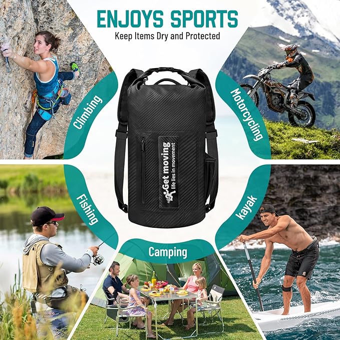 BKNOOU Dry Bag Waterproof for Women Men, 10L/20L Roll Top Lightweight Dry Storage Bag Backpack for Travel, Kayaking, Boating, Rafting, Camping, Hiking and Beach, with Phone Case (Black, 20L)