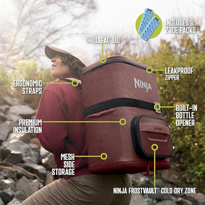 Ninja FrostVault Go Can Soft Cooler, 24/36 Can, Leak Proof, Built-In Cup Holder, 2 Ice Packs & Dry Storage Drawer, Polyester Insulation, Hiking, Camping, Picnic