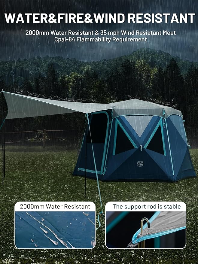 TIMBER RIDGE 4/6/8 Person Instant Pop Up Cabin Tent, Easy 60 Second Setup, Weather Resistant Camping Family Hub Tent with Rain Fly and Carry Bag for Outdoor Camping & Overlanding