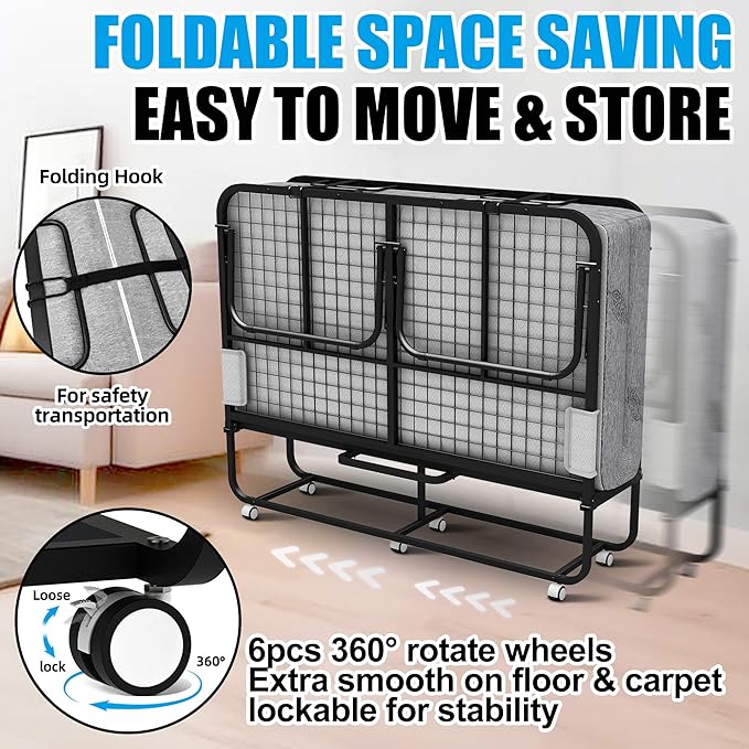 Folding Bed with Mattress 75 x 54 Full Size for Adults Rollaway Bed Fold Up Foldable Portable Extra Large Spare Guest Beds on Wheels for Home School Dorm Office Hospital