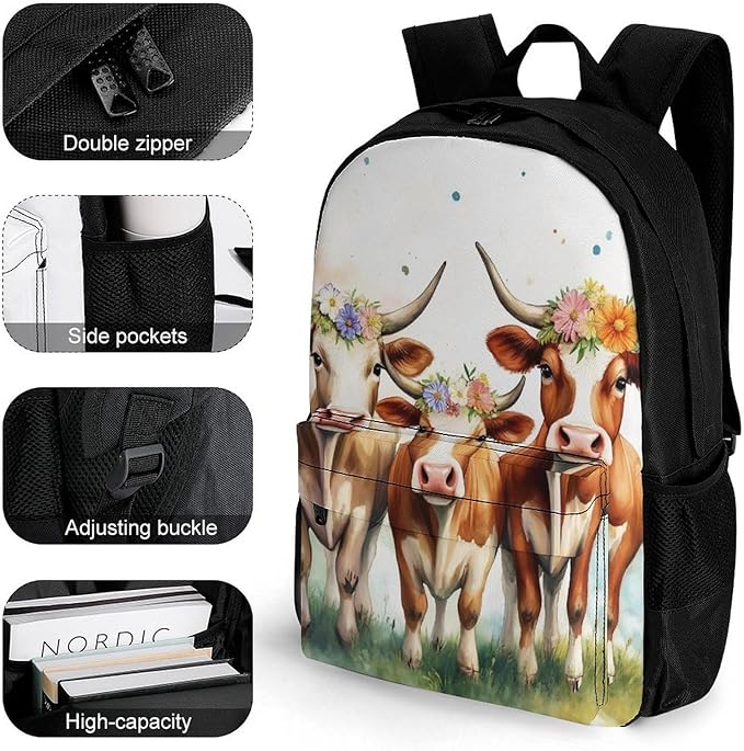 Supdreamc Polyester Daypack Backpack for Sports Travel Running, Big Capacity Anti-Theft Multipurpose Carry On Bag, Cute Highland Cow Family Laptop Book Bag Rucksack