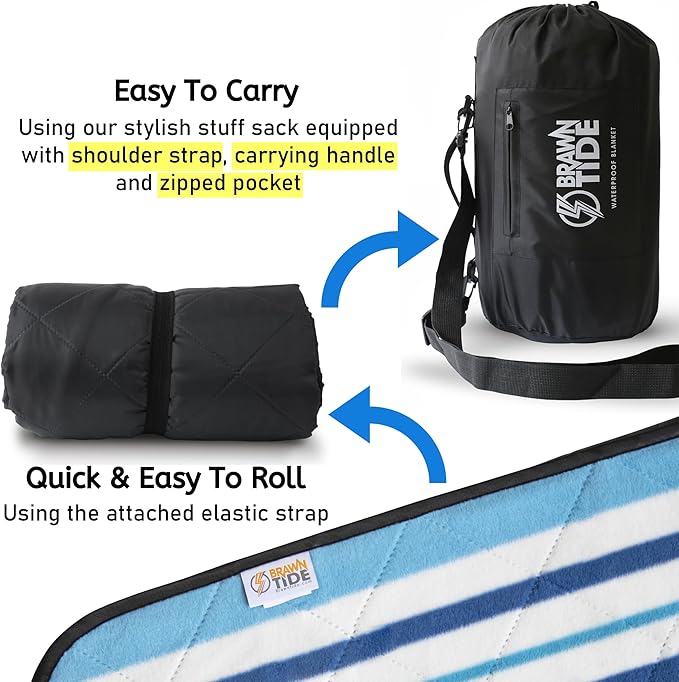 BRAWNTIDE Large Outdoor Waterproof Blanket - Extra Thick Fleece, Warm, Windproof, Sandproof, Quilted, 82" x 55", Ideal for Beaches, Picnics, Camping, Stadiums, Dogs, Car